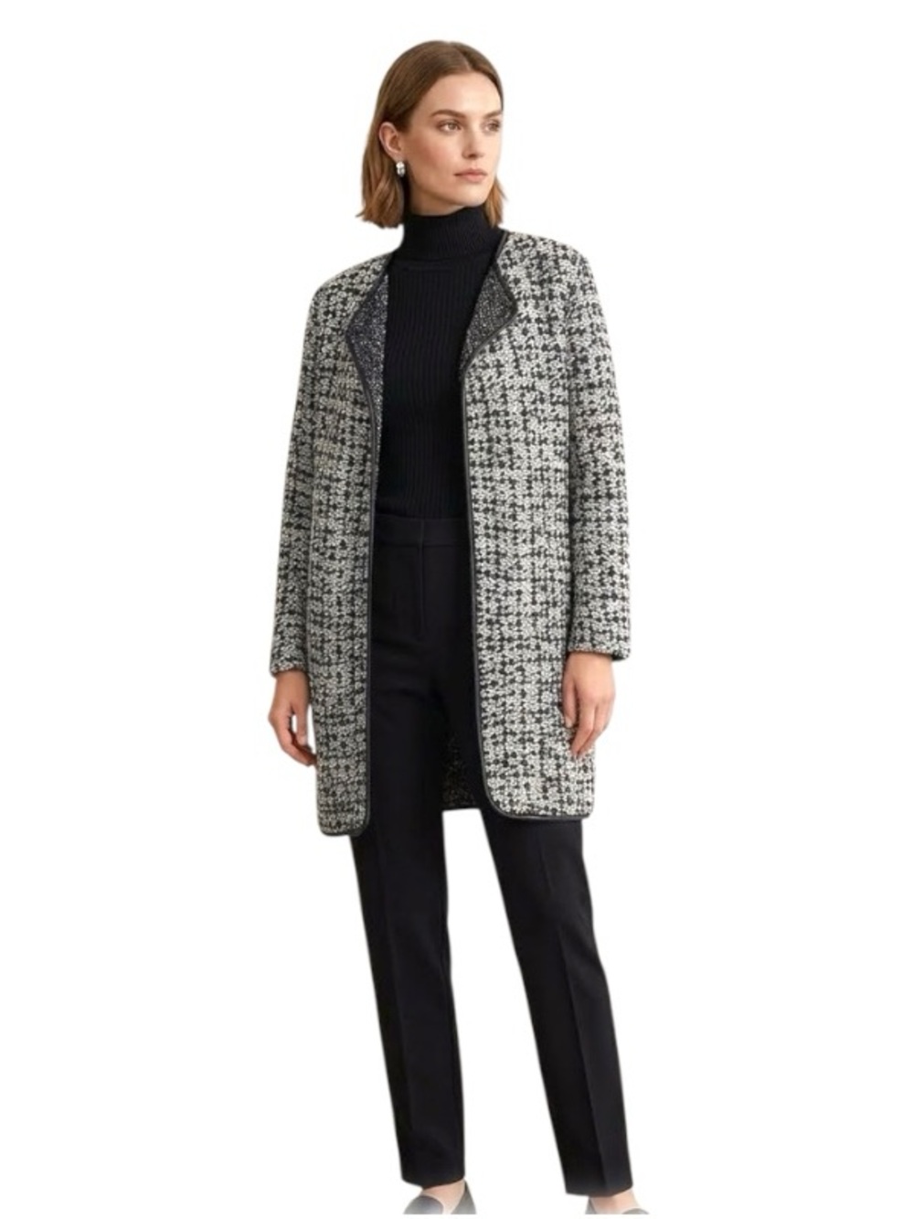 Angela Mara Italy Open Knit Cardigan Wool Blend Black White M Classic Minimalist